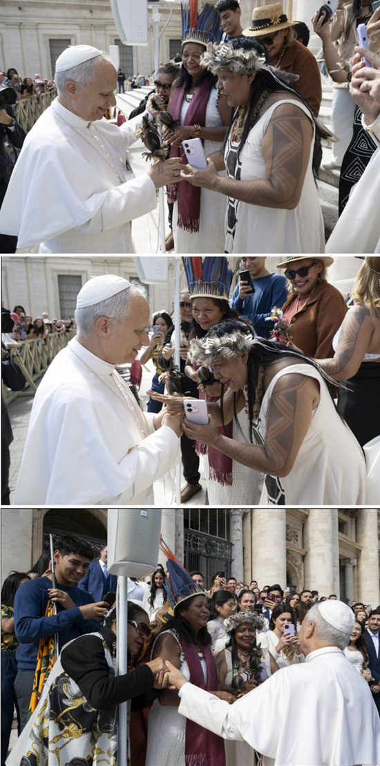 Leo XIV shakes an Indian ritual instrument